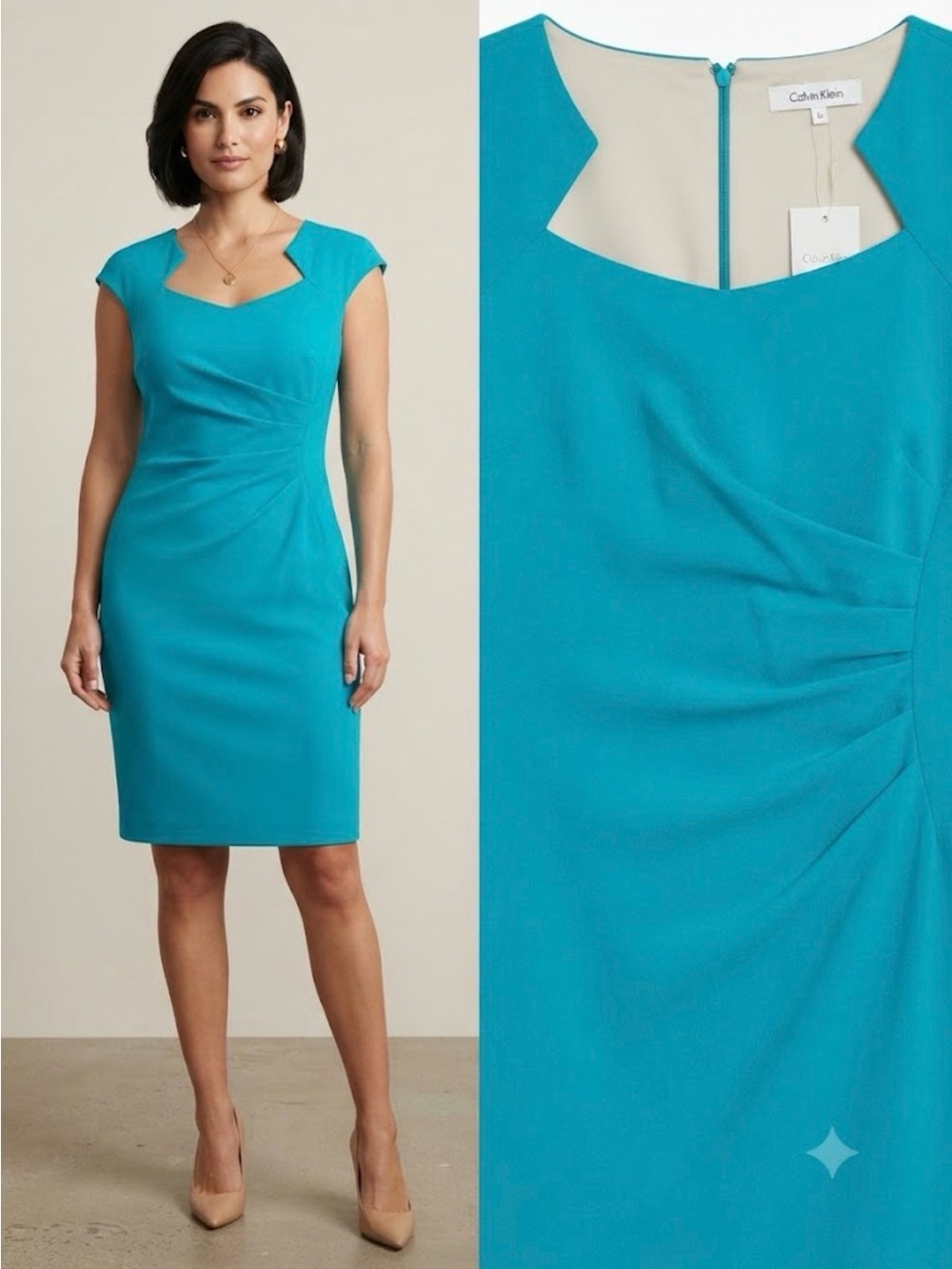 Calvin Klein Turquoise Ruched Sheath Dress - Detailed Neckline - Size 14